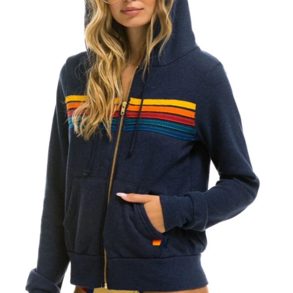 Women's Navy Hoodie with Multicolor Stripes